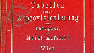Roter Buchumschlag mit der Aufschrift "Tabellen ber die Approvisionierung und die Thtigkeit der Markt-Aufsicht in Wien in den Jahren 1848-1897"
